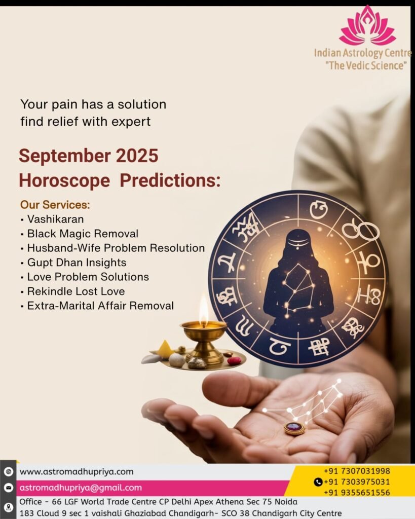 A pracharak graphic for astrologer Madhu Priya's services, titled "Your Pen Have a Solution - Find Relief with September 2025 horoscope predictions." The advertisement lists services including Vashikaran, Black Magic Removal, Husband-Wife Problem Regulation, Gupt Dhan Insights, Love Problem Solutions, Reciplill Lost Love, and Extra-Varital Affair Removal. The contact details include the website www.astromadhupriya.com, an email address, three phone numbers with Indian country code and office addresses in Delhi, Noida, Ghaziabad and Chandigarh.
