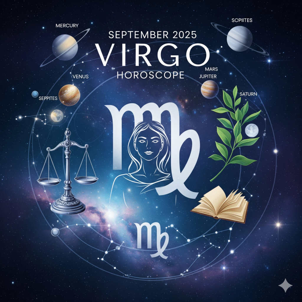 A vibrant, astronomical-theme image reflects the September 2025 horoscope for the girl. The central focus is the symbol of Virgo zodiac sign, a young woman, a modern, either flowing in the ether style, and a gentle, calm expression. It is surrounded by a cosmic background of deep indigo and violet huge, with relevant stars for September 2025 (eg, mercury, Venus, Mars, Jupiter, Saturn), nebula and micro -planetary alignment. The title of a major, style "September 2025 Virgo zodiac sign" is microscopically integrated into the upper part of the image using an elegant, slightly future font. The major themes of the female horoscope for this month are depicted visually through the symbolic elements: a small, complex -wide balance suggests focus on justice or balance, reflects a short opening book or scroll. These elements are sanctioned harmoniously around the central female figure without disrupting the main composition. The overall color palette is cool and cool, with gold and silver platforms in the celestial body, and the leaf is soft green from the gourd. Like a dream in the image, there is a slightly abstract quality, while its subjects are clearly recognizable.