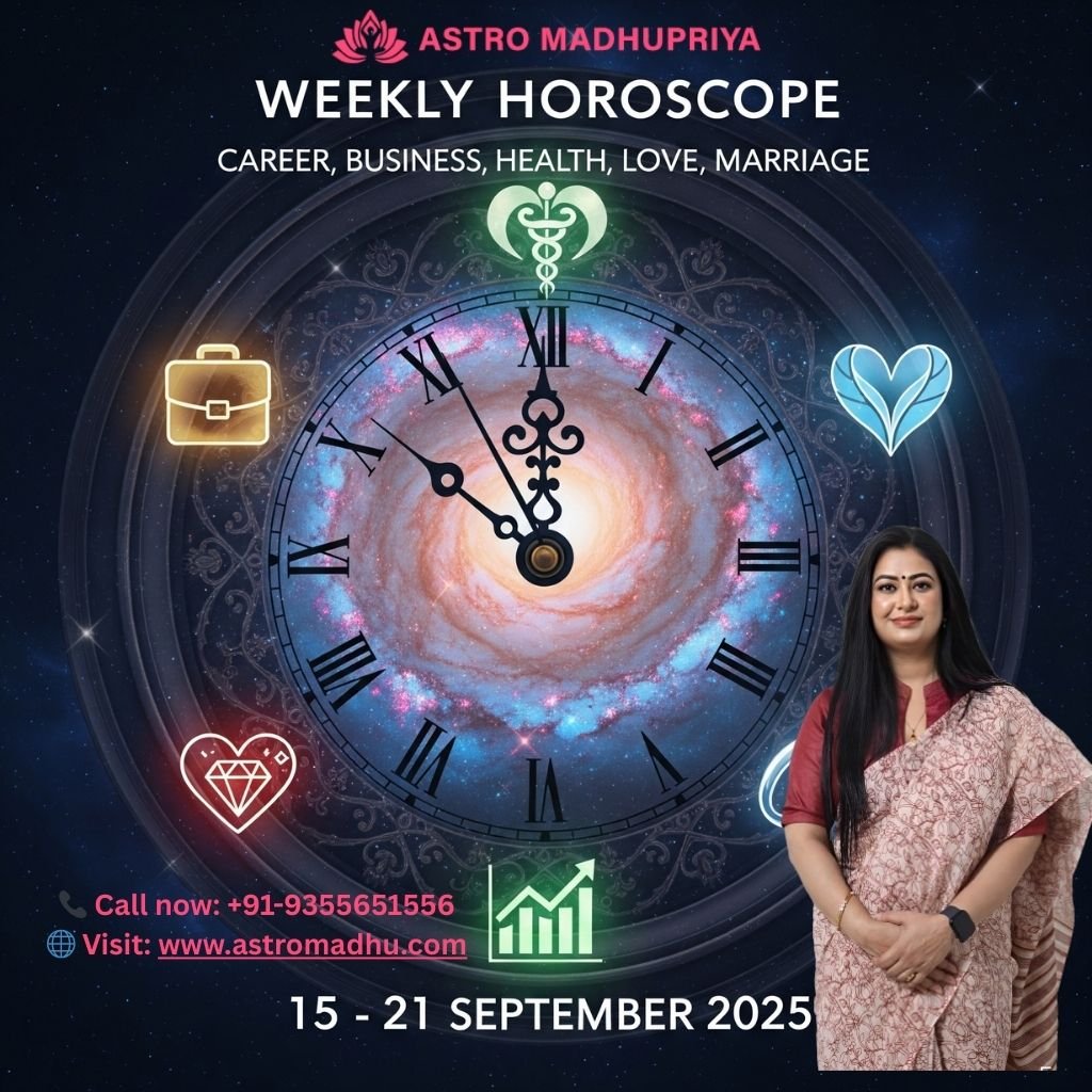 Astro Madhupriya Weekly Horoscope 15–21 September 2025 – Career, Business, Health, Love & Marriage राशिफल | ज्योतिषी महिला की तस्वीर और राशिचक्र घड़ी डिज़ाइन