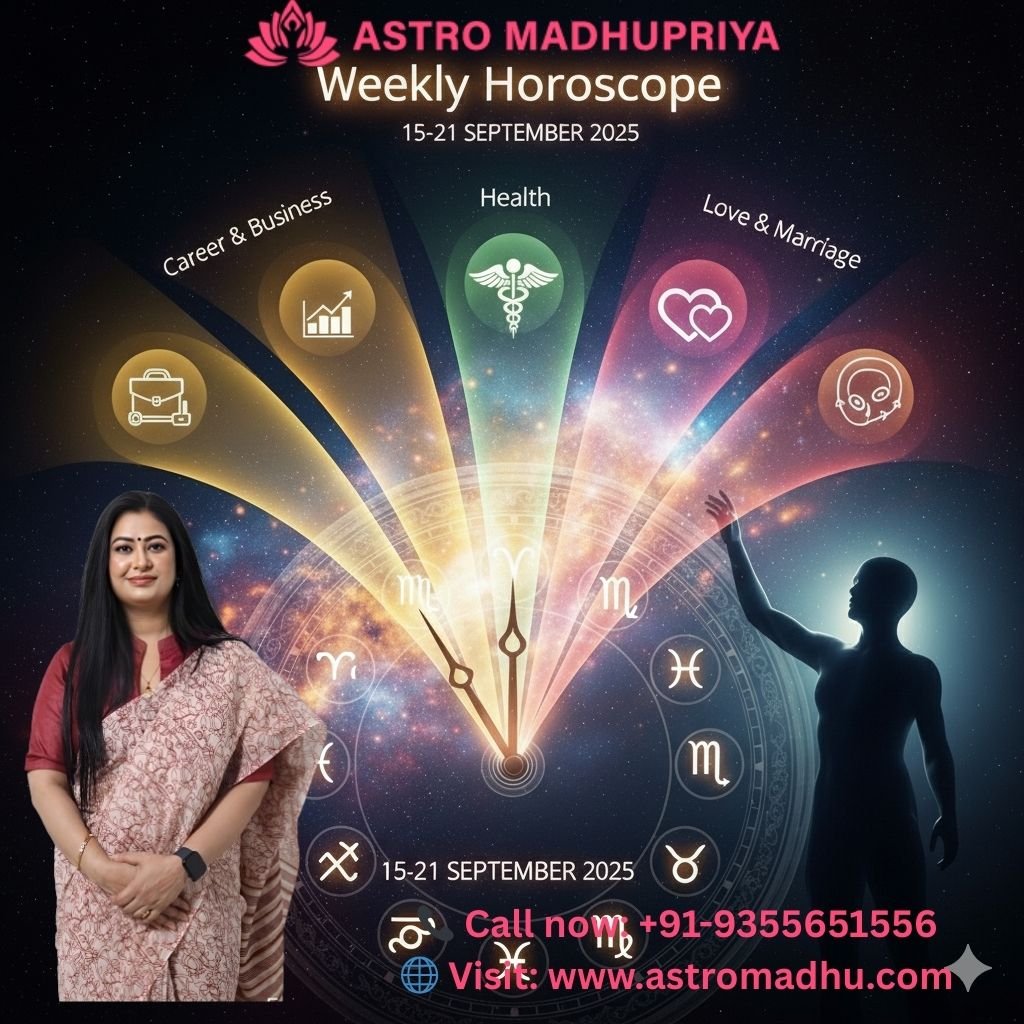 Astro Madhupriya Weekly Horoscope 15–21 September 2025 – Career, Business, Health, Love & Marriage राशिफल | महिला ज्योतिषी की तस्वीर और राशि चक्र प्रतीक